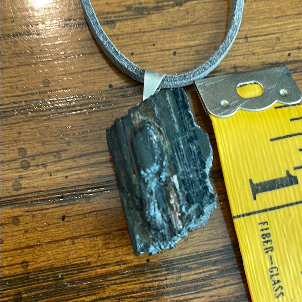 Black Tourmaline Pendant Necklace on Gray leather strap. - Picture 2 of 5